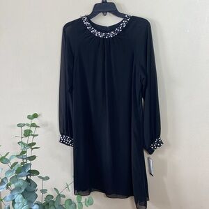 New Women's Black Party Dress Long Sleeve Sheer Beaded Pearls 10 SLNY Sequined